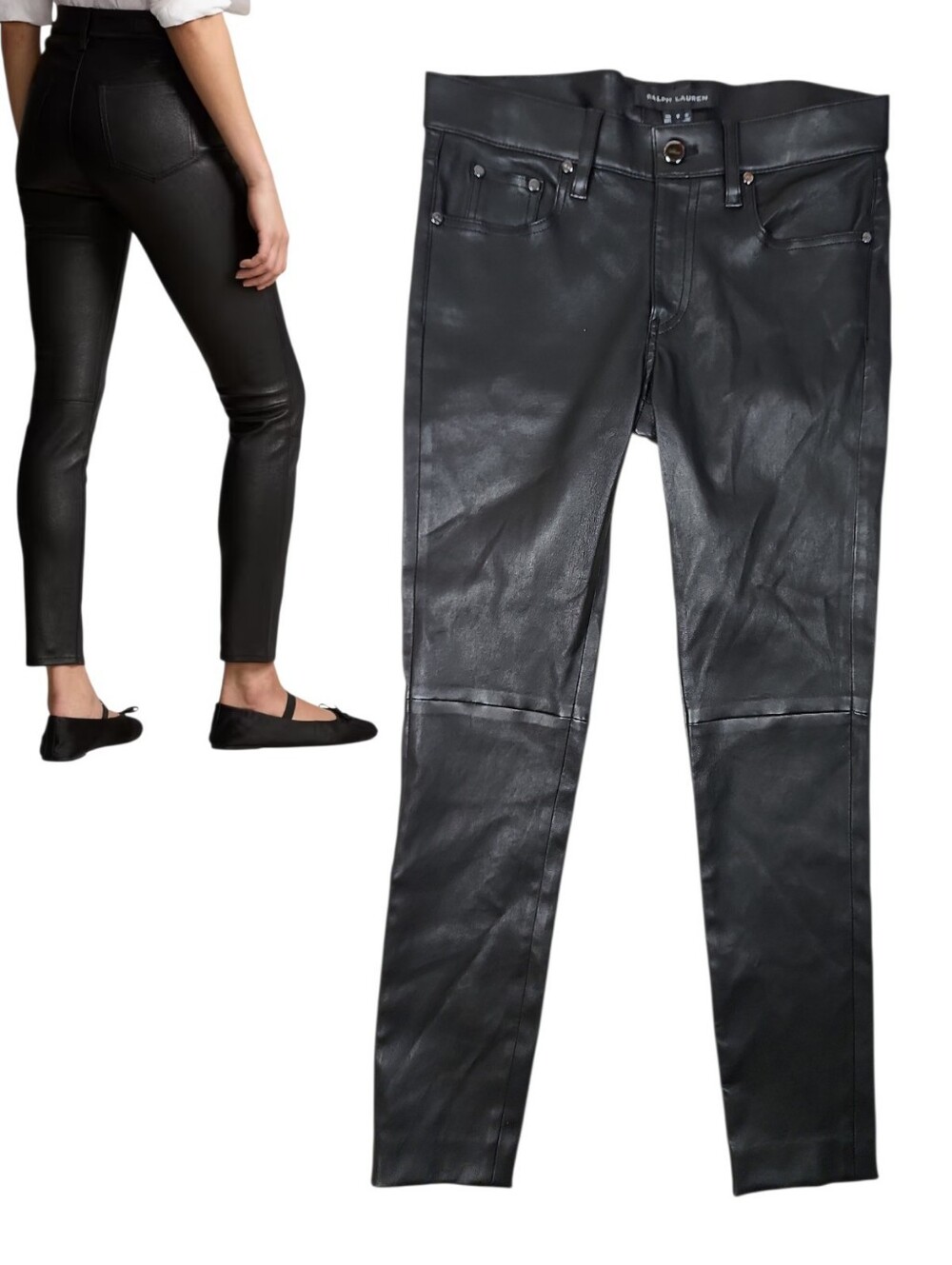 Ralph Lauren Womens Lambskin 5 Pocket Super Slim Pant Leather Black Size 0